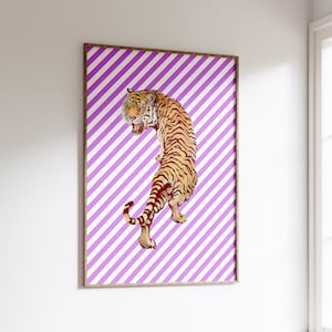 Impresión de tigre retro: estilo vintage ecléctico, rayas, tigre salvaje, estilo retro moderno, patrón de los años 60 y 70, póster bohemio llamativo, decoración artística moderna y elegante