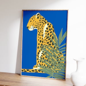 Estampado de leopardo retro azul: arte retro, llamativo y brillante, leopardo guepardo, póster tropical colorido, dormitorio infantil con temática de jungla, póster para baño, estilo boho
