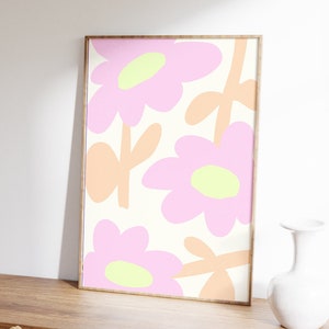 Impresión de flores retro en colores pastel: póster retro Y2K con flores en colores pastel y estilo boho hippie, arte floral abstracto de los años 60 y 70