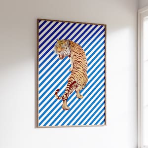 Impresión de tigre retro: estilo vintage ecléctico, rayas, tigre salvaje, estilo retro moderno, patrón de los años 60 y 70, póster bohemio llamativo, decoración artística moderna y elegante
