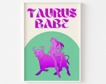 Impresión del signo zodiacal TAURO - Chica Tauro, Arte del zodíaco, Póster de astrología colorido, Signo zodiacal retro, Pastel brillante y llamativo, Años 2000, Estilo funky y moderno