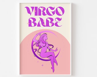 Lámina del signo zodiacal VIRGO - Chica Virgo, Arte del zodíaco, Póster de astrología colorido, Signo zodiacal retro, Pastel brillante y llamativo, Años 2000, Regalo moderno y original