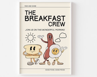 Breakfast Retro Characters Print - Fun Kitchen Print, Retro Mascot Cartoon, Sausage Egg Toast, Funny Retro Kitchen Print, 60s 70s Fun Art