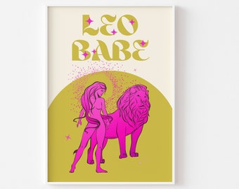 Lámina del signo zodiacal LEO - Leo Babe, arte del zodiaco, póster de astrología colorido, signo zodiacal retro, colores pastel brillantes y llamativos, estilo Y2K de los 90, regalo original y moderno