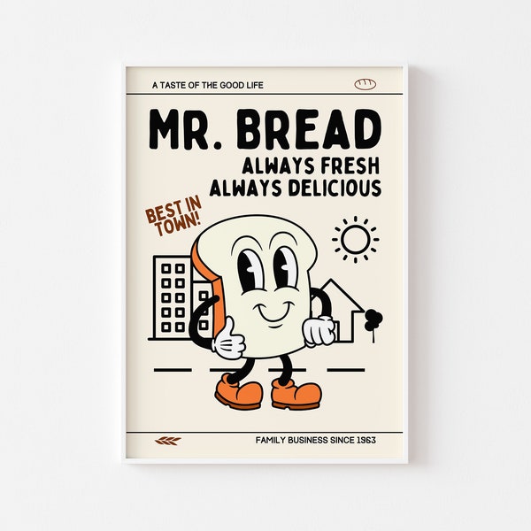 Mr Bread Retro Characters Print - Fun Kitchen Print, Retro Mascot Cartoon, Bread Bakers Bakery, Funny Retro Kitchen Print, 60s 70s Fun Art