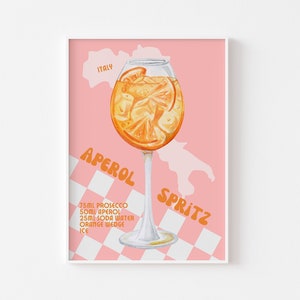 Impresión de cóctel retro Aperol Spritz: tablero de ajedrez rosa, prosecco, póster de cocina, impresión de bar, arte de receta de alcohol de moda, colorido y elegante