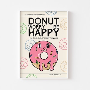 Donut Worry Be Happy Retro Character Print - Fun Kitchen Print, Retro Mascot Cartoon, Funny Retro Kitchen Print, 60s 70s Fun Art, Pink Donut