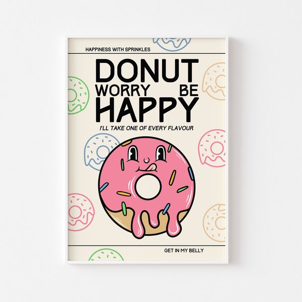 Donut Worry Be Happy Retro Character Print - Fun Kitchen Print, Retro Mascot Cartoon, Funny Retro Kitchen Print, 60s 70s Fun Art, Pink Donut