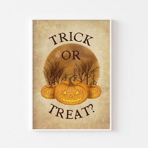 Süßes oder Saures? Gruseliger Kürbisdruck - Kürbis, gruseliger Kürbis, Vintage-Stil-Halloween-Dekor, verwunschene Oktoberbäume-Szene, Herbst