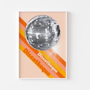 Impresión de discoteca retro: póster de bola de discoteca, discoteca llamativa y colorida, arte funky y atrevido de los años 60 y 70, discoteca, hippie boho, baile, música