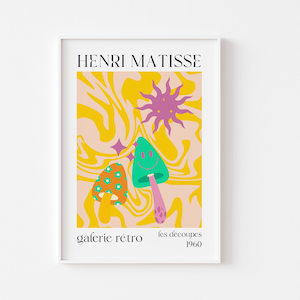Impresión inspirada en Henri Matisse - Cartel de exposición de estilo retro Groovy Mushroom Sunshine, años 60 y 70, Galerie Rétro, The Cut Out's Papier Découpés