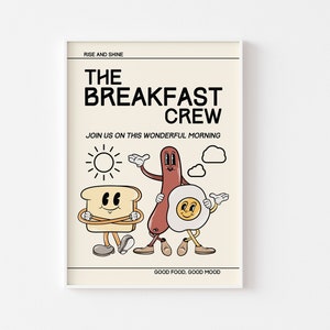 Ontbijt retro karakters print, leuke keuken print, retro mascotte cartoon, worst ei toast, grappige retro keuken print, halverwege de eeuw, trendy