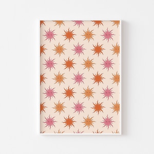 Impresión hippie con lindo sol: arte boho colorido hippie atrevido, póster con sol, sol retro, naranja rosa, arte funky y moderno, decoración de pared de los años 60 y 70