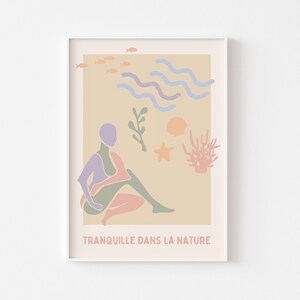 Impresión de naturaleza tranquila inspirada en Matisse con diseño abstracto en tonos pastel: playa, océano, naturaleza pacífica, retro en tonos pastel, póster tranquilo, exposición francesa, figura