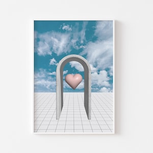 Surreal Postmodern 3D Dreamy Ethereal Print - Dreamy Arch, 3D Love Heart, Dreamscape, Dreamy Fantasy, Sky Clouds, Gallery Wall Surrealism