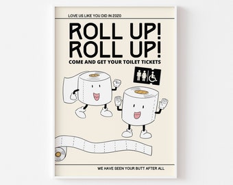 Roll Up Toilet Paper Retro Character Print - Fun Bathroom Print, Retro Mascot Cartoon, Funny Retro Toilet Roll Print, En Suite Humour Poster