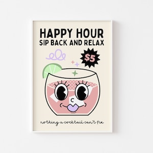 Impresión de mascota de dibujos animados de cóctel retro: impresión de cocina divertida, restaurante retro de los años 70, happy hour, impresión de bar de cócteles, estética pastel, póster funky