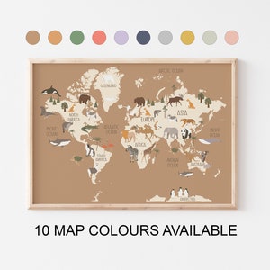 Weltkarte der Tiere für Kinderzimmer und Kinderzimmer - 10 Farben erhältlich, Länder Poster, Lernkarte, Safari, Dschungel, Tiere der Welt
