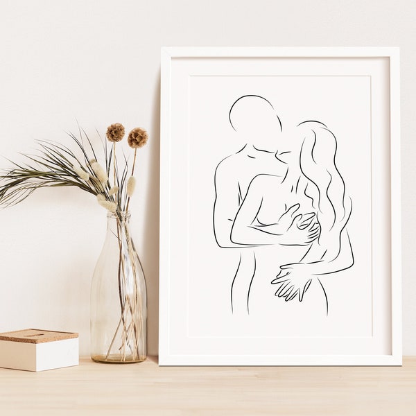 Couple Line Print - Lovers Line Art, Male and Female, Nude Line Art, Minimal Linear Art, Wall Hanging, Romance Abstract, Bedroom Line Art