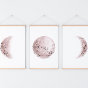 Set of 3 Moon Phase Prints - Lunar Phase, Celestial, Floral Moon, Crescent Moon, Bedroom Decor, Nursery Moon Prints, Spiritual, Minimalist