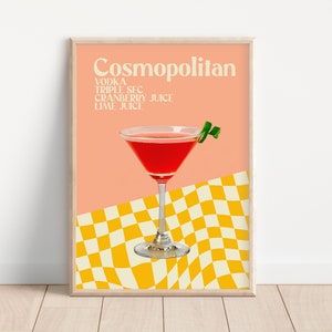 Impresión colorida de cóctel cosmopolita: retro, estética de los años 70, pasteles brillantes, impresiones de moda de tendencia, póster de bar, impresiones de cocina, arte cosmopolita
