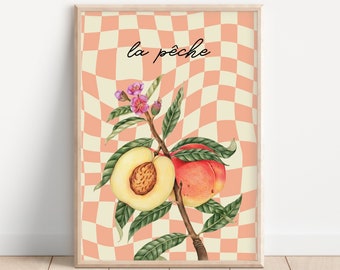 May include: A peach print with the text "la pêche" on a pink and white checkered background.