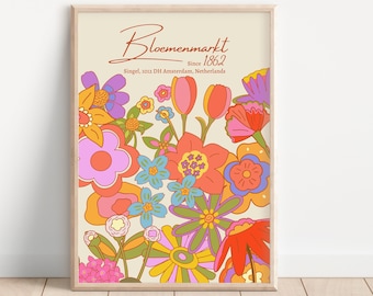 Bloemenmarkt Flower Market Print - Amsterdam Netherlands, Colourful Retro Art, Groovy Floral, 1970s 1960s, Bright Bold Print, Hippie Flowers