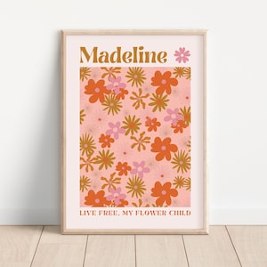 Impresión personalizada de flores retro: idea de regalo retro, impresión de dormitorio infantil con flores, póster floral para guardería, impresión floral divertida de los años 60 y 70