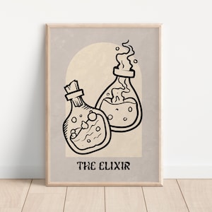 The Elixir Tarot Card Style Print - Boho mystieke poster, spirituele kunst, hemelse zon maan decor, occulte, astrologische kunst, toverdrank
