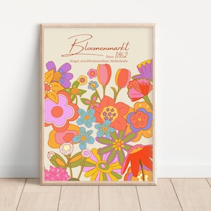 Bloemenmarkt Flower Market Print - Amsterdam Netherlands, Colourful Retro Art, Groovy Floral, 1970s 1960s, Bright Bold Print, Hippie Flowers