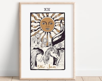 The Sun Vintage Tarot Print - Boho Wall Art, Celestial Wall Prints, Mystical, Neutral Decor, Astrology Posters, Tarot Card, Boho Horoscopes,