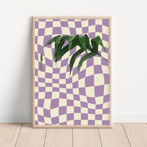 Retro Psychedelic Plant Print - Leaves, Checkerboard, Hippie, Trippy Aesthetic, Palm Leaves, Houseplant Print, Y2K Art, Colourful Modern Art