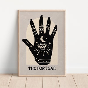 The Fortune Tarot Card Style Print - Boho mystieke poster, spirituele kunst, hemelse zon maan decor, occult, handlijnkunde, waarzegster