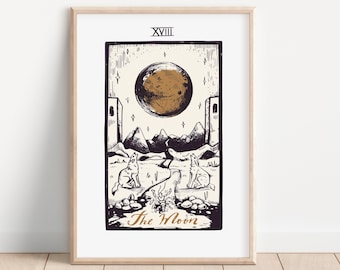 The Moon Vintage Tarot Print - Boho Wall Art, Celestial Wall Prints, Mystical, Neutral Decor, Astrology Posters, Tarot Card, Horoscopes,