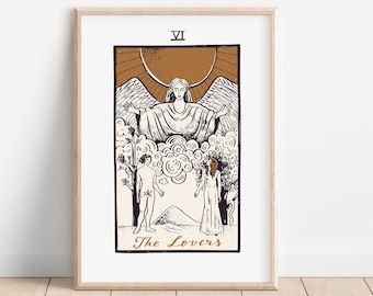 The Lovers Vintage Tarot Print - Boho Wall Art, Celestial Wall Prints, Mystical, Neutral Decor, Astrology Posters, Tarot Card, Horoscopes,