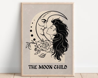 The Moon Child Tarot Card Style Print - Bohemian Mystical Poster, Spiritual Art, Celestial Sun Moon Decor, Occult, Astrology Art, Witchcraft
