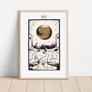 De maan vintage tarotprint - bohokunst aan de muur, hemelse muurprints, mystiek, neutraal decor, astrologieposters, tarotkaart, horoscopen,