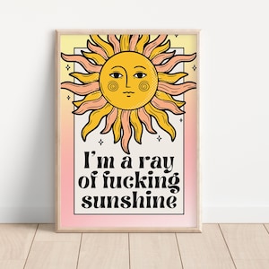 Impresión "Soy un rayo de sol" - Póster retro pastel, cara sonriente divertida y elegante, impresión de sol de moda con degradado, años 60 y 70, humor sarcástico