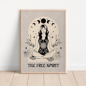 De vrije geest tarotkaart stijl print - Boho mystieke poster spirituele kunst, hemelse zon maan decor occult, astrologie, goddelijk vrouwelijk