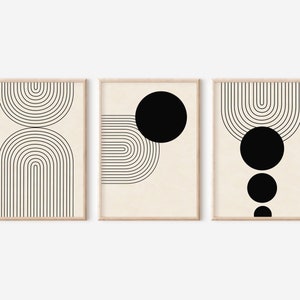 Modern Minimalist Abstract Arch Set of 3 Prints - Beige And Black, Neutral Posters, Arch With Shapes, Abstract Rainbow, Modern Art, Bohemian