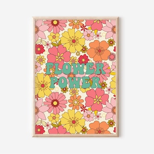 Impresión retro Flower Power: arte retro colorido, flores elegantes, años 70 y 60, flores hippies llamativas y brillantes, póster de tendencia, flores boho funky