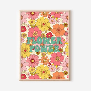 Retro Flower Power Print - Colourful Retro Art, Groovy Floral, 1970s 1960s, Bright Bold, Hippie Flowers, On Trend Poster, Funky Boho Flowers