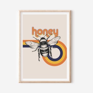 Retro Honey Bee Print - Retro Wall Art, 60s 70s Inspired, Bumble Bee Decor, Groovy Bright Art, Colourful Quote, Typography, Retro Abstract