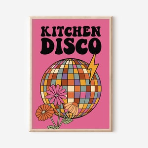 Impresión de discoteca de cocina retro: arte de cocina moderno y divertido, disco retro, genial, atrevido, divertido, de los años 70 y 60, hippie, letras de canciones, póster de bola de discoteca