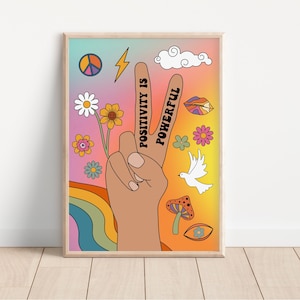 Positivity Print: Retro 70s Floral Art, Rainbow Peace Sign
