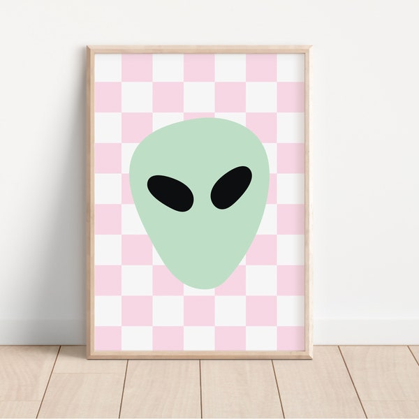 Cosmic Alien Y2K Checkerboard Print - Retro Art, Groovy, Pink Wall Art, Pink Retro, Y2K Aesthetic ,Indie, Floral Hippie, Girly Pastel, Fun