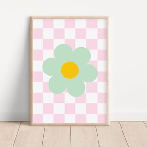 Flower Y2K Checkerboard Print - Retro Art, Groovy, Pink Wall Art, Pink Retro, Y2K Aesthetic ,Indie, Floral Hippie, Girly Pastel, Fun Bold