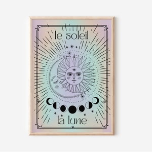 Le Soleil La Lune Print 01 - El sol y la luna, estilo de carta del tarot, degradado pastel, tendencia Y2K, psicodélico celestial retro, póster místico