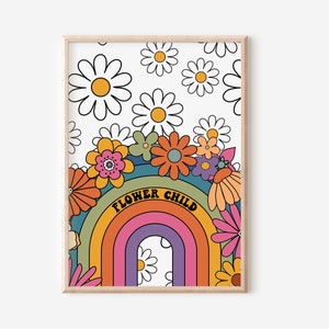 Colourful Retro Flower Child Print - Floral Retro Art, Groovy Floral, 1970s 1960s, Bright Bold, Hippie Flowers, Positivity, Rainbow, Daisy's
