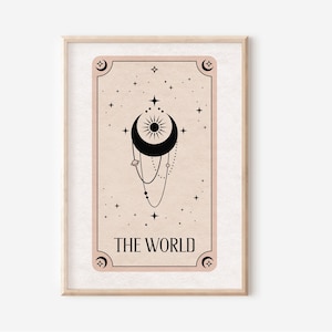 Impresión del Tarot del Mundo - Arte de pared bohemio, impresiones de pared celestiales, arte místico, decoración neutra, carteles de astrología, cartas del Tarot, horóscopos bohemios,